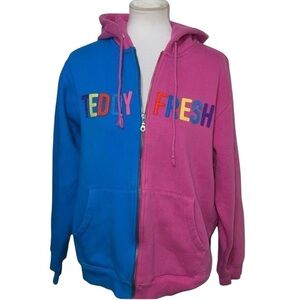 Teddy Fresh Split Pink Blue Zip Hoodie Logo L